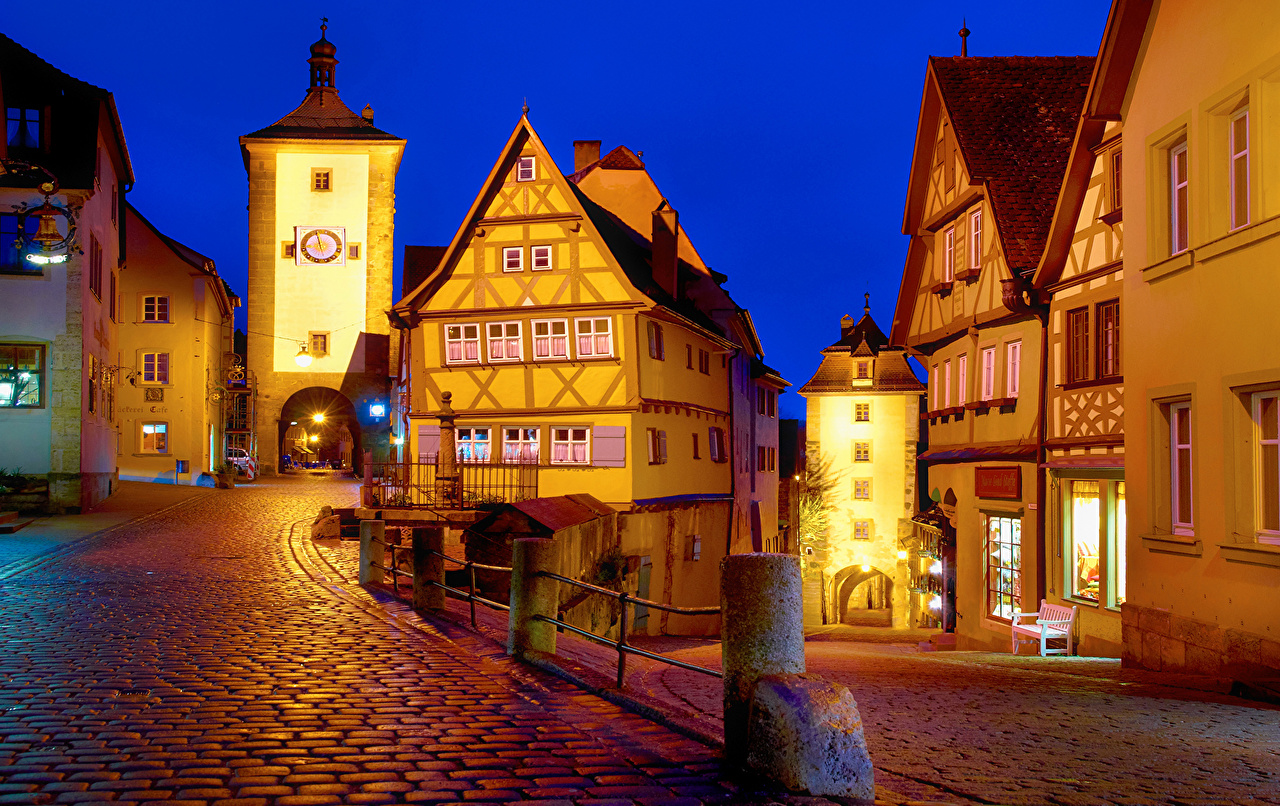 Фотографии Германия Rothenburg улиц Ночные Уличные фонари Дома город